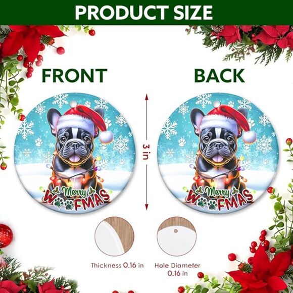 Cute Santa Hat French Bulldog Ceramic Frenchie Ornaments - Picture 2 of 3
